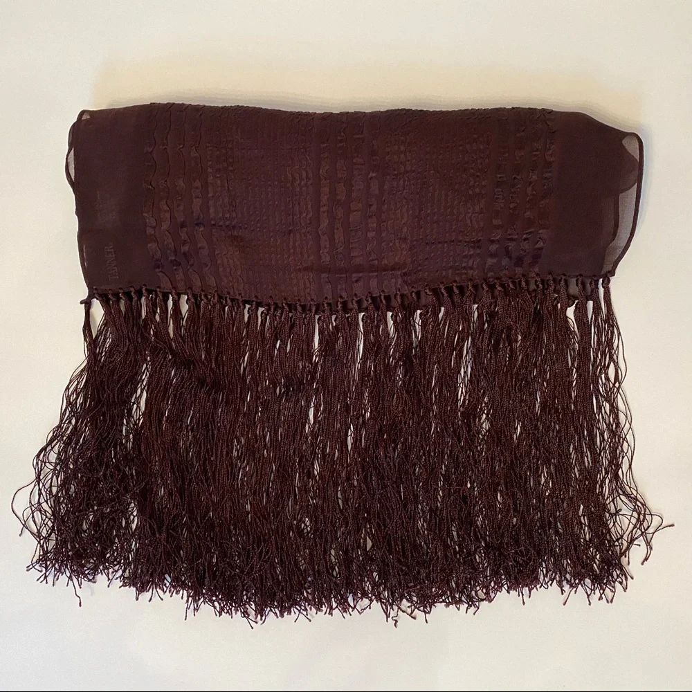 TANNER SCARF BROWN SILK SHEER RIBBED TEXTURE FRINGE LONG RECTANGLE ACCESSORY
